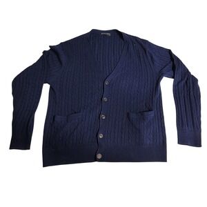 Kallspin Mens Navy Blue Cable Knit Cardigan Cashmere Wool Blend Sweater Large